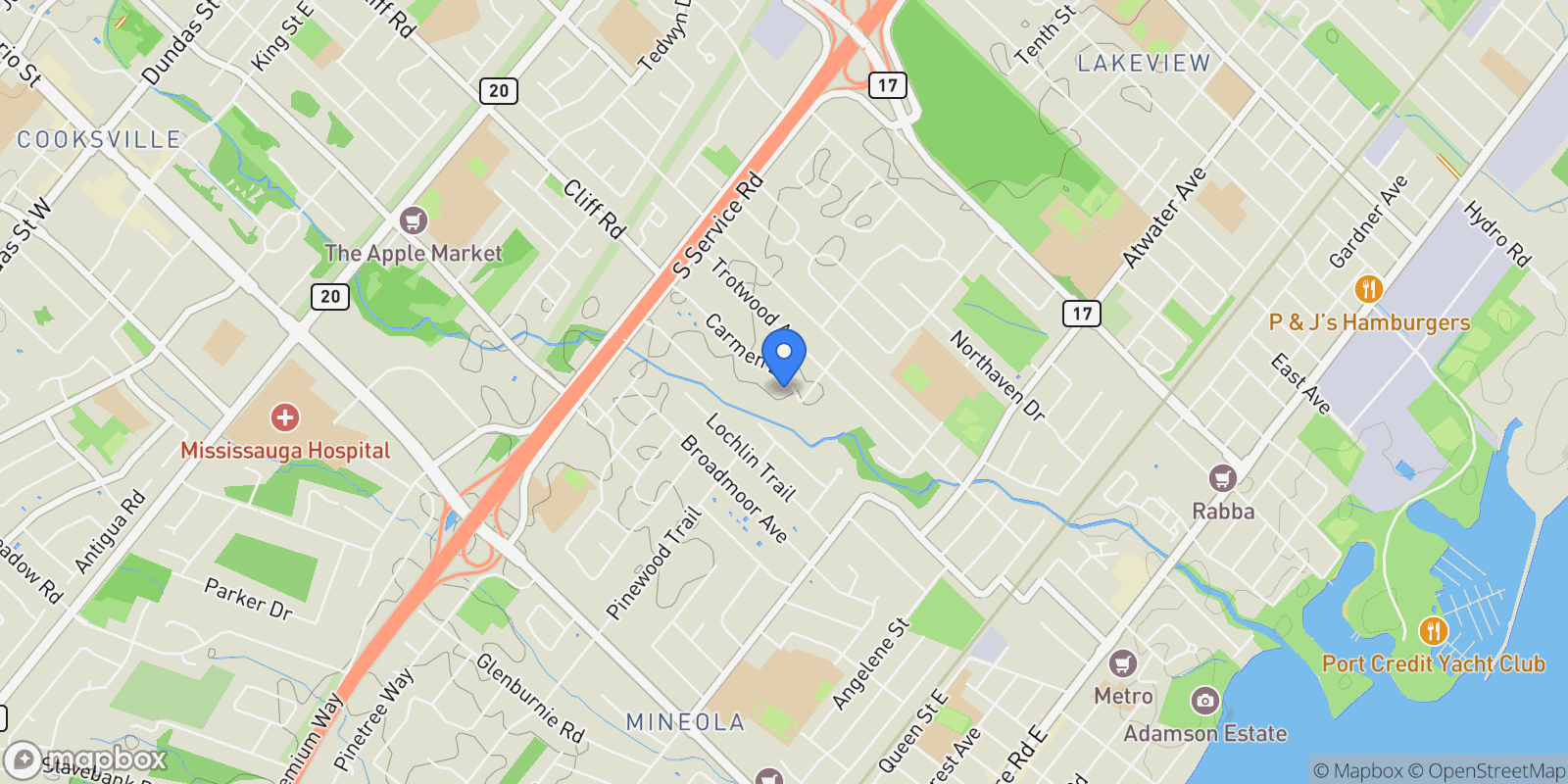 Map showing 1476 Carmen Dr, Mississauga, ON L5G 3Z1, Canada, Mississauga, Ontario, Canada.