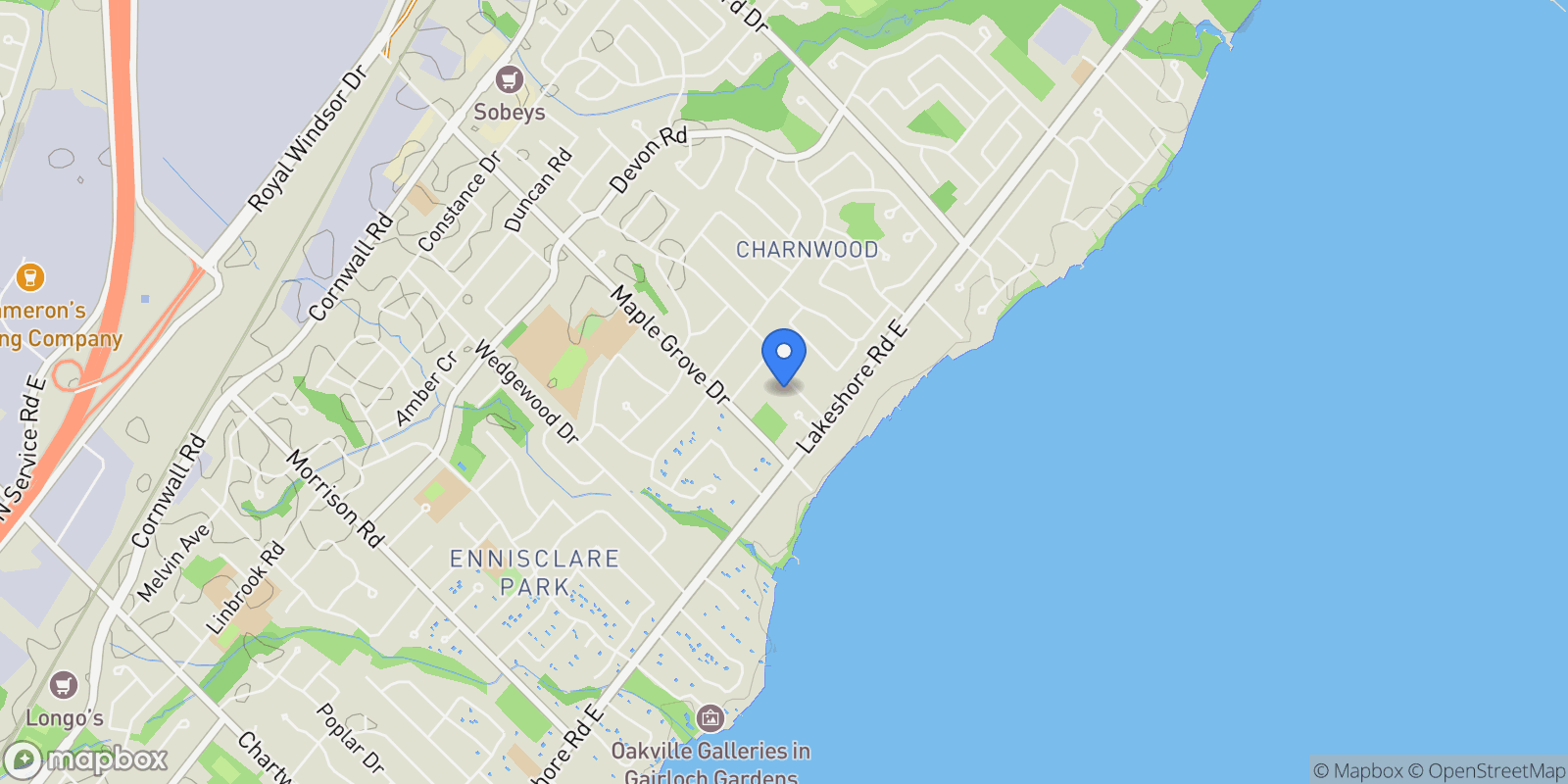 Map showing 2055 Lakeshore Rd E, Oakville, ON L6J 1M4, Canada, Oakville, Ontario, Canada.