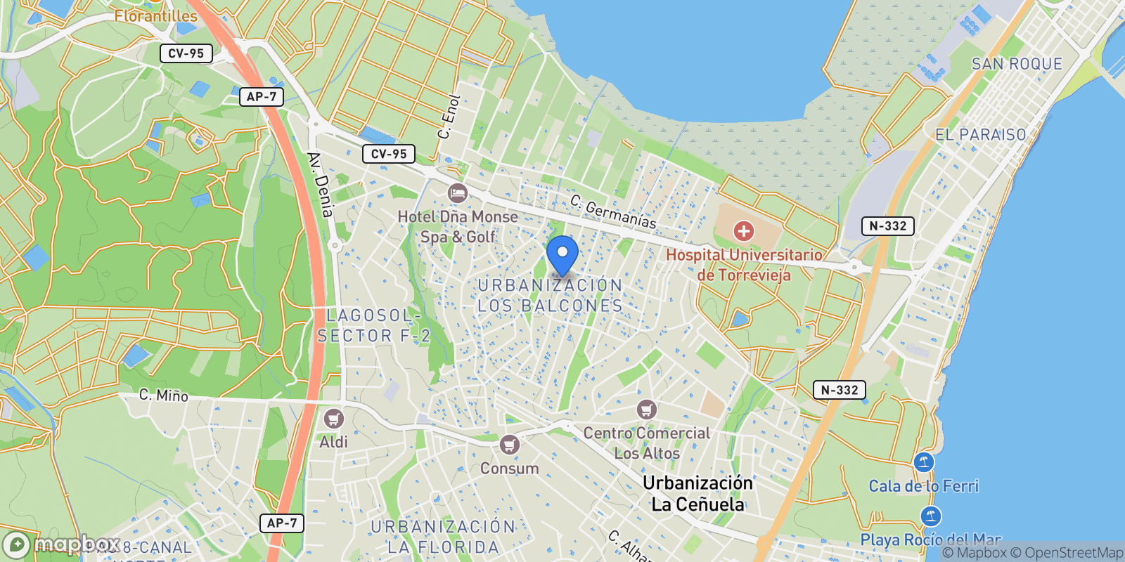 Map showing Los Balcones, Alicante, Los Balcones, Torrevieja, Valencian Community, Spain.
