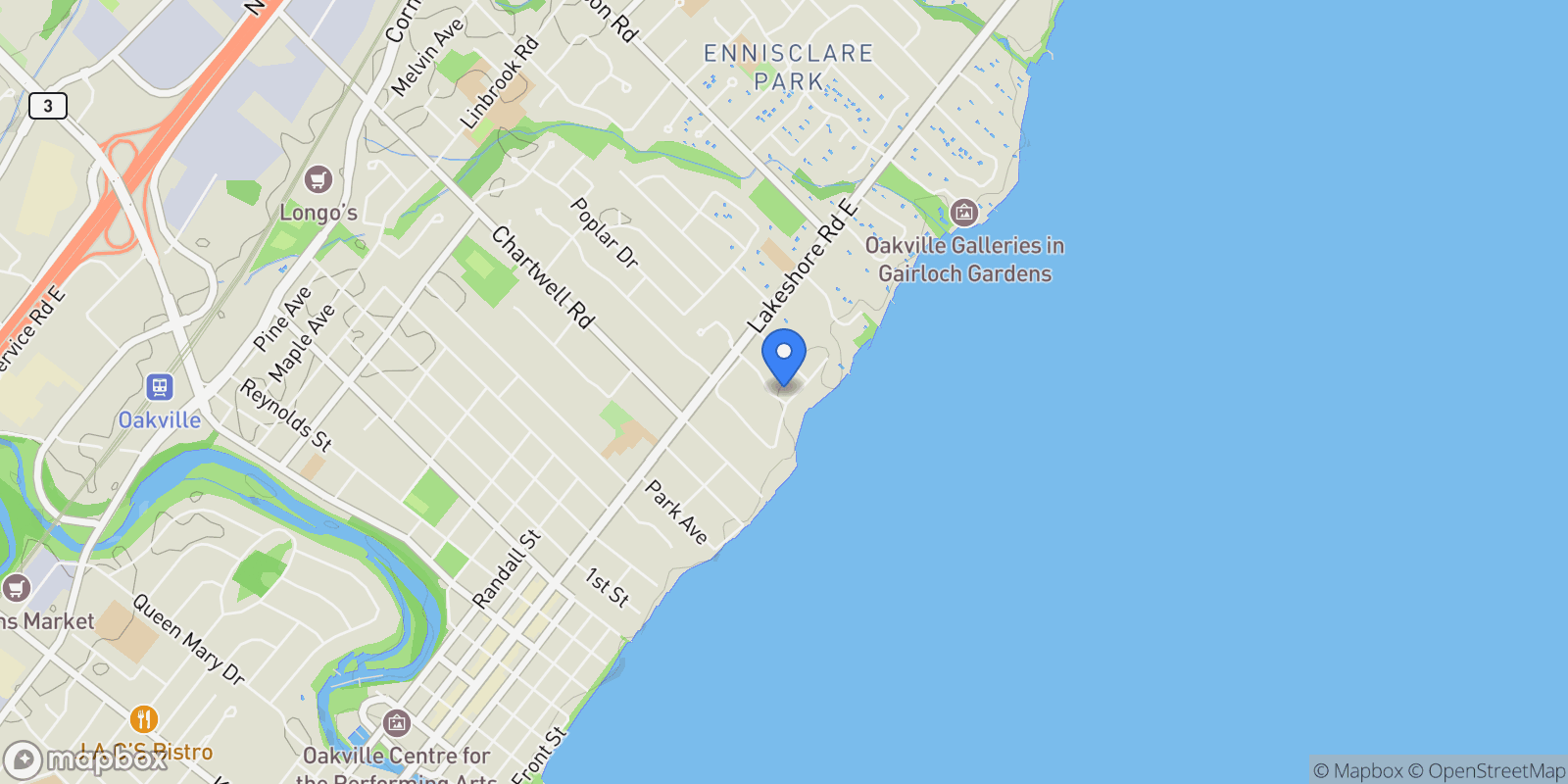 Map showing 1081 Argyle Dr, Oakville, ON L6J 1A9, Canada, Oakville, Ontario, Canada.