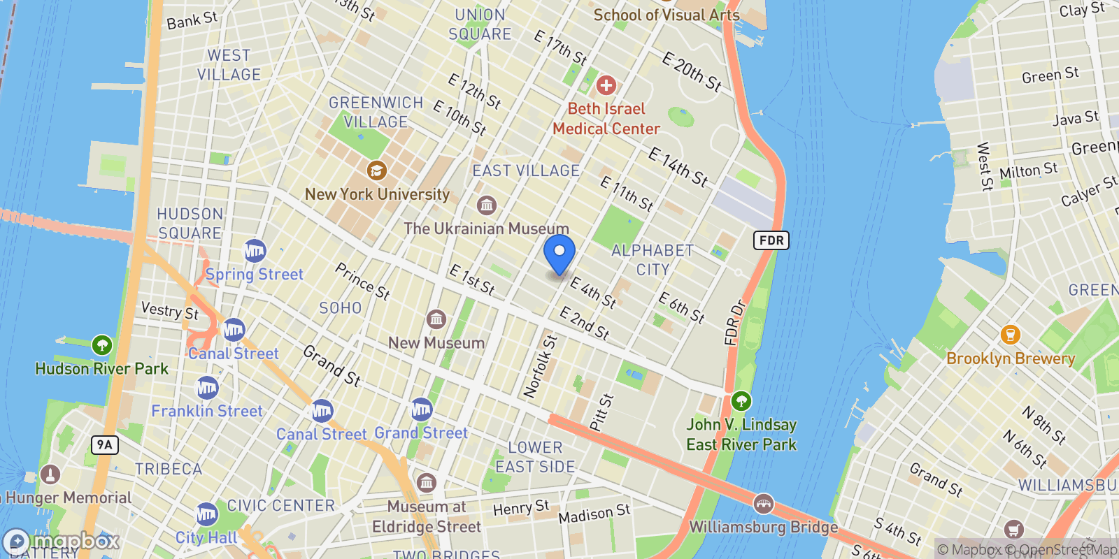 Map showing AGELOFF TOWER, 172 E 4TH ST, New York, New York, United States.
