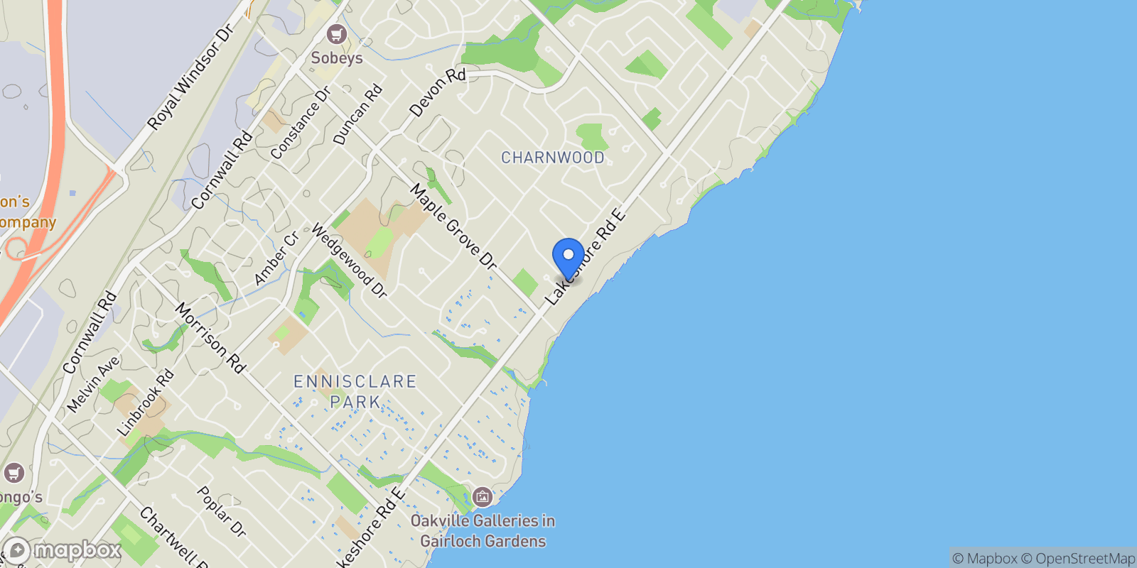 Map showing 2054 Lakeshore Rd E, Oakville, ON L6J 1M3, Canada, Oakville, Ontario, Canada.