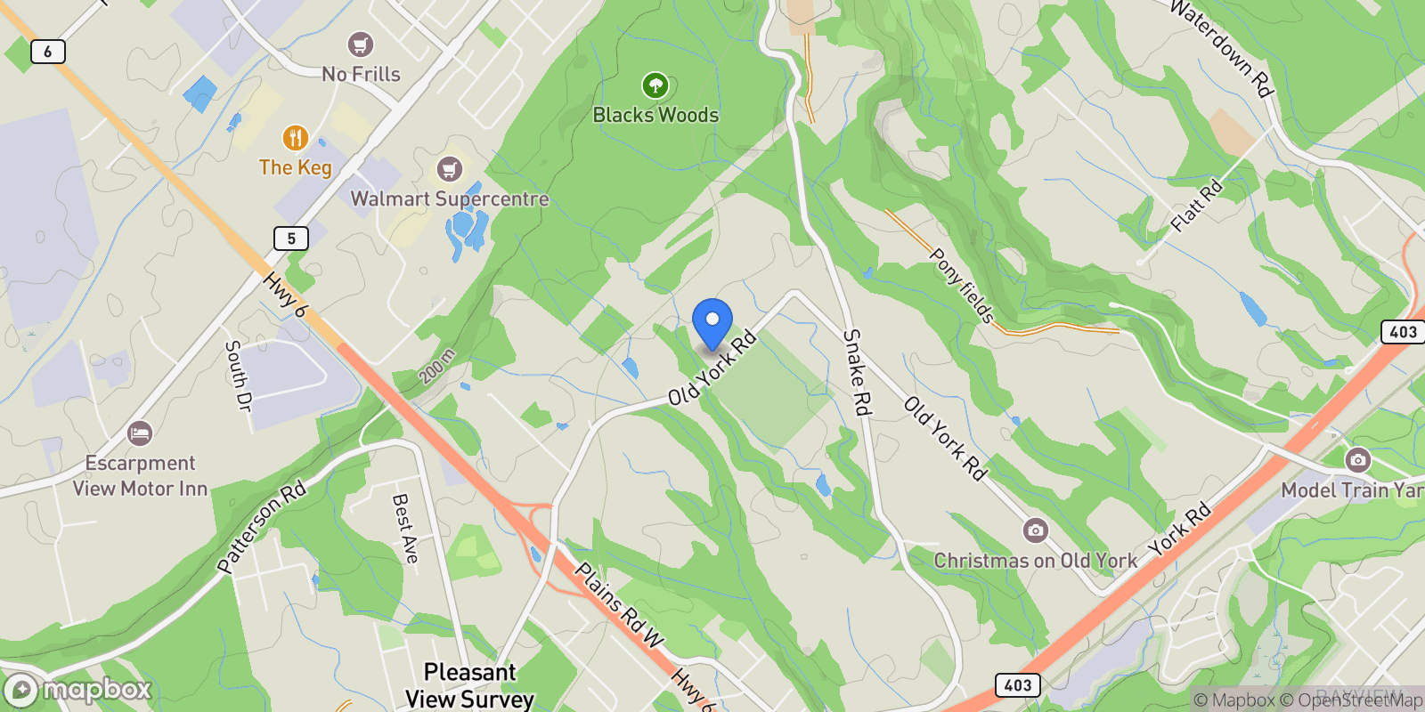 Map showing 597 Old York Rd, Burlington, ON L7P 4Y6, Canada, Burlington, Ontario, Canada.