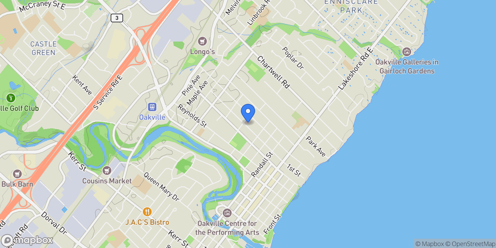 Map showing 247 Douglas Ave, Oakville, ON L6J 3S2, Canada, Oakville, Ontario, Canada.