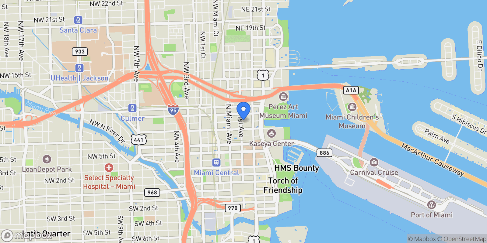 Map showing 851 NE 1st Avenue, Miami, Florida, United States.