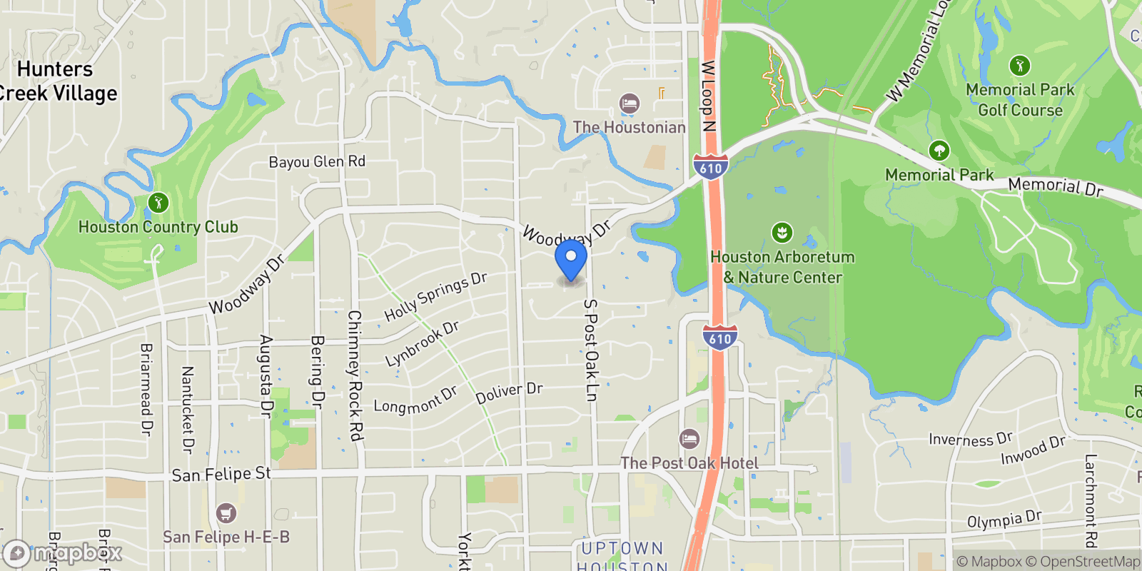 Map showing 1 Exbury Way, Houston, TX 77056, Houston, Texas, United States.