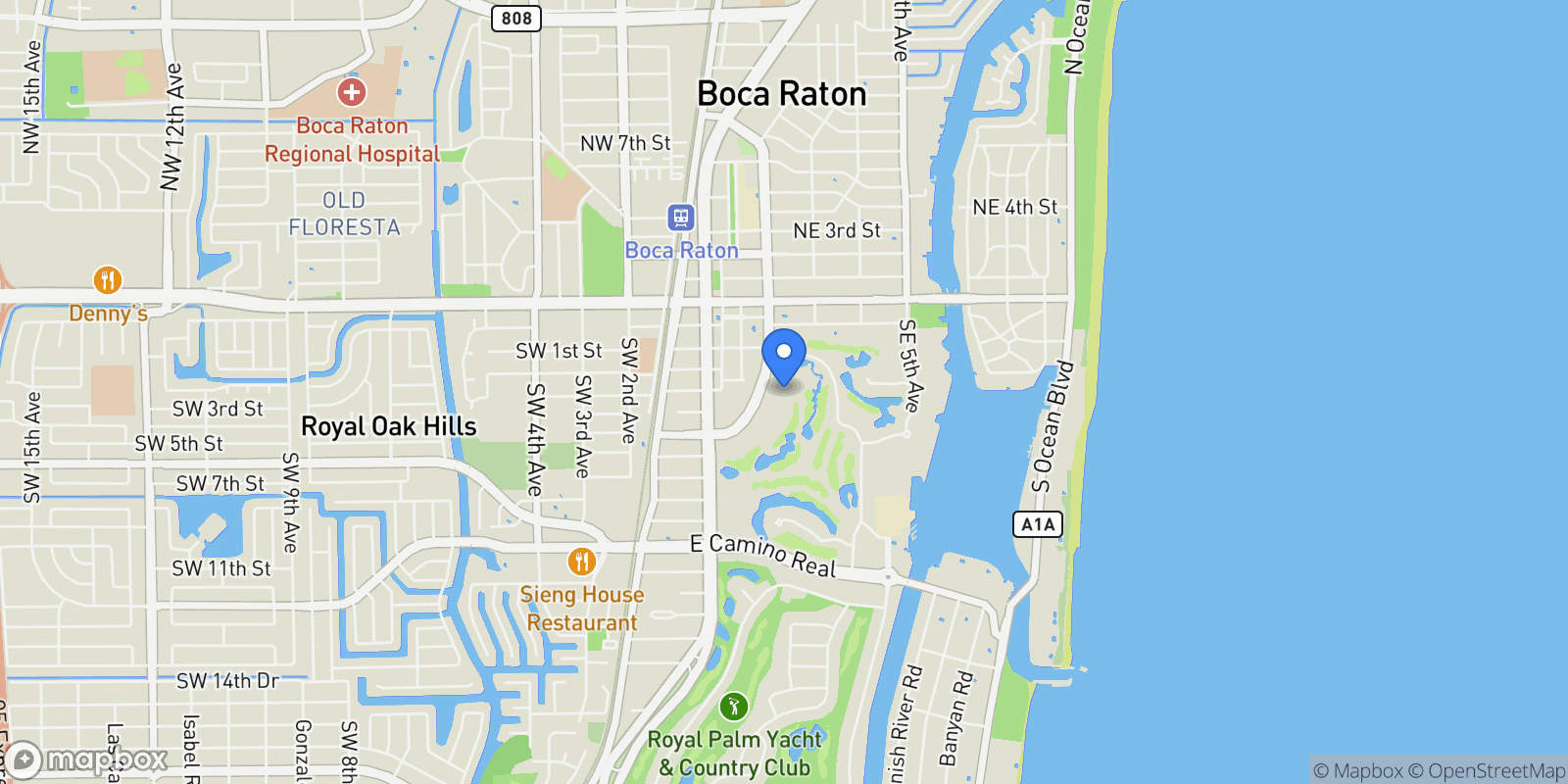 Map showing 210 SE Mizner Boulevard, Boca Raton, Florida, United States.