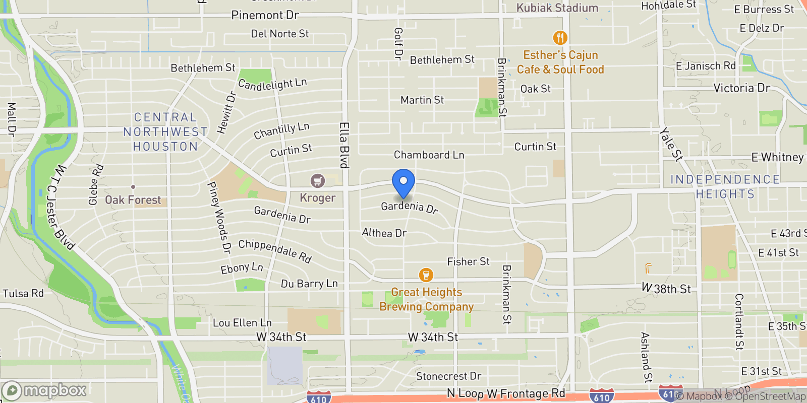 Map showing 1014 Gardenia Drive, Houston, TX 77018, Houston, Texas, United States.