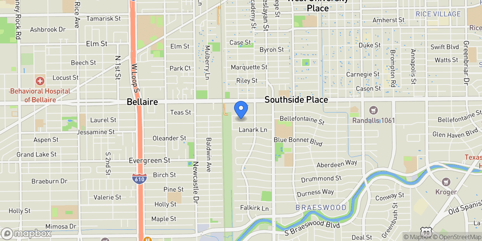 Map showing 4134 Bellefontaine Street, Houston, TX 77025, Houston, Texas, United States.