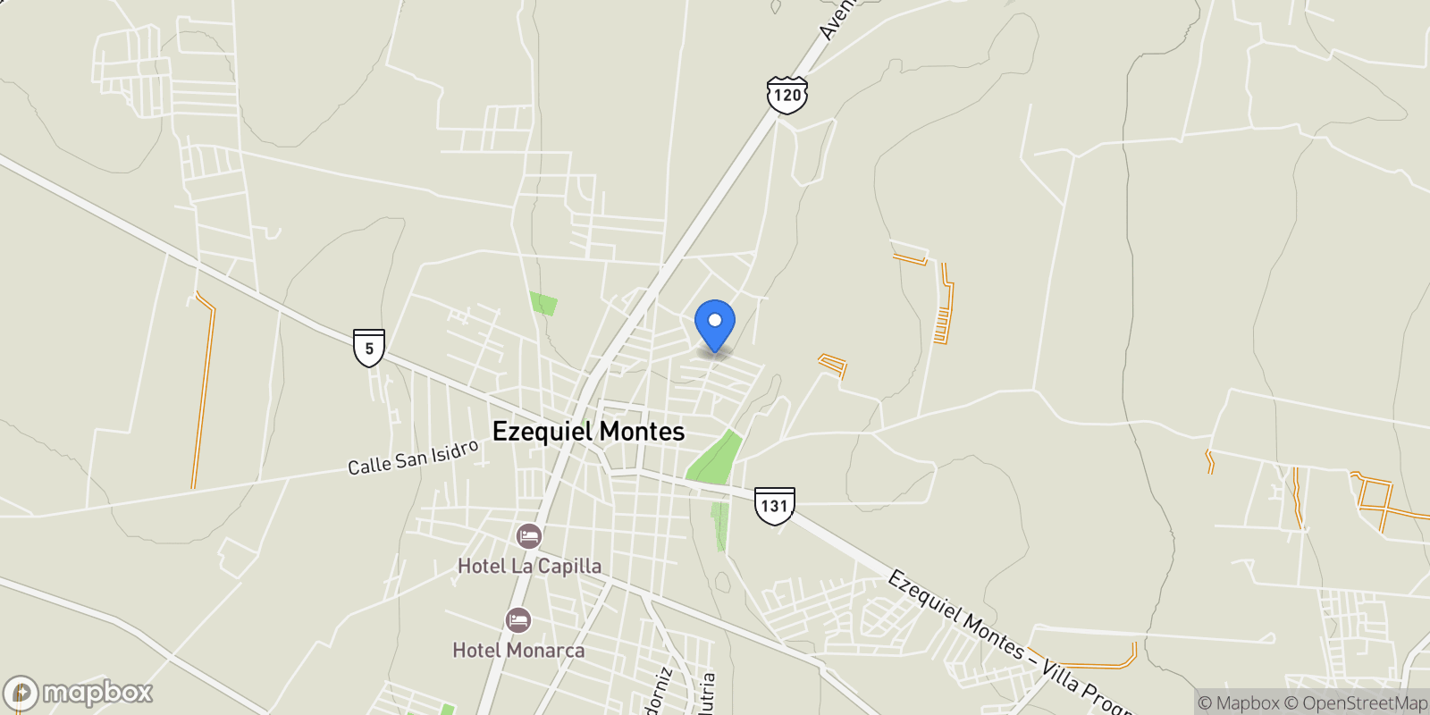 Map showing Villas Mahando, Bernal, QUE, Ezequiel Montes, Querétaro, Mexico.