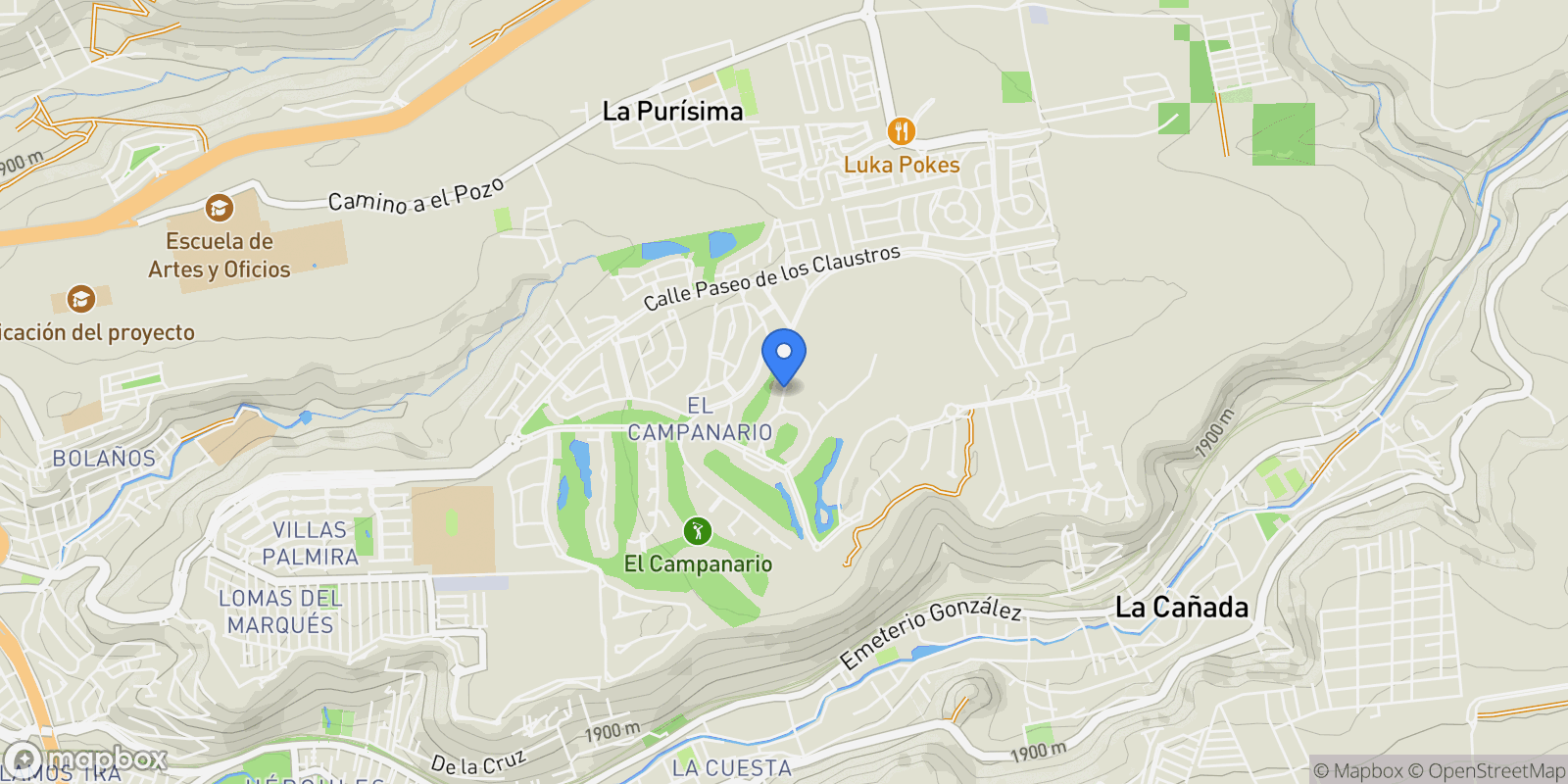 Map showing CASA INES LOMAS NORTE EL CAMPANARIO, Queretaro, QUE, Santiago de Querétaro, Querétaro, Mexico.
