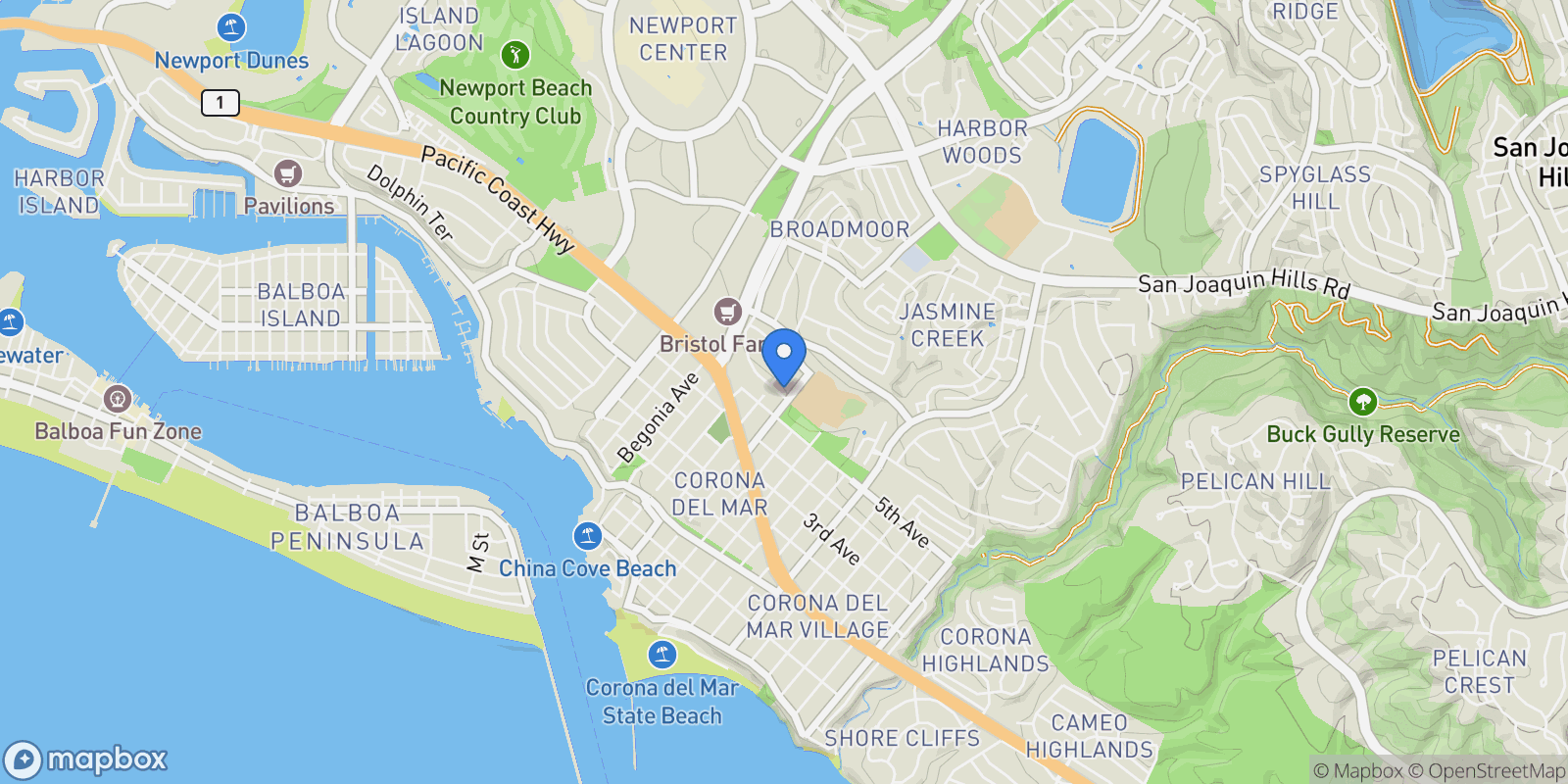 Map showing 2741 Bungalow Place, Newport Beach, California, United States.