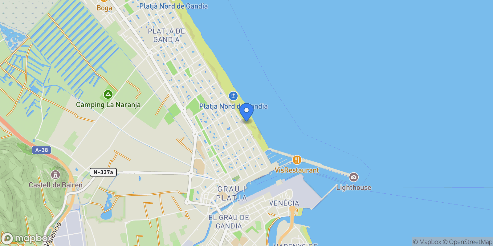 Map showing Playa de Gandia, Gandia, VALENCIA, Gandia, Gandia, Valencian Community, Spain.
