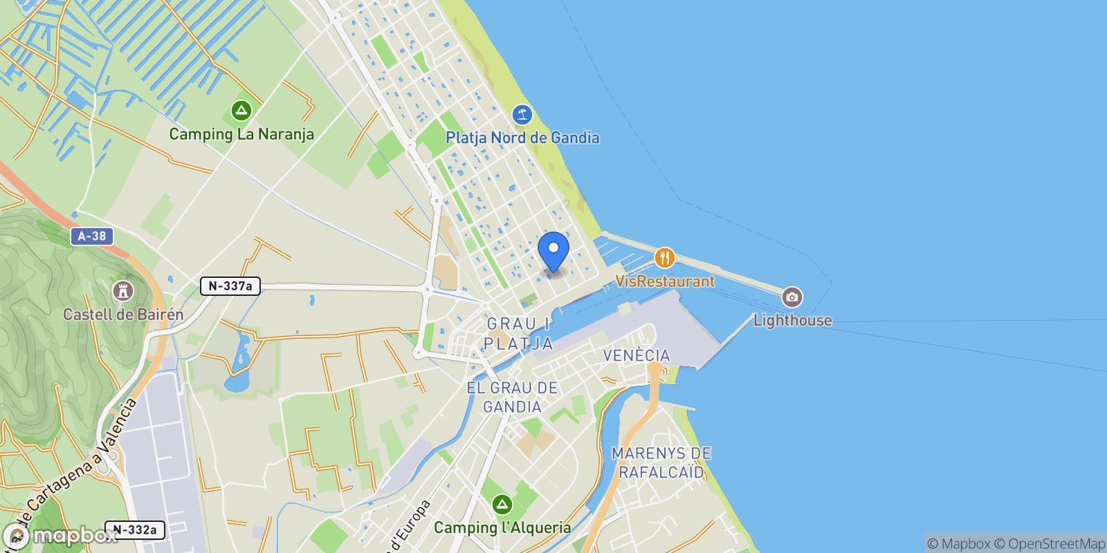 Map showing Playa de Gandia, Gandia, VALENCIA, Gandia, Gandia, Valencian Community, Spain.