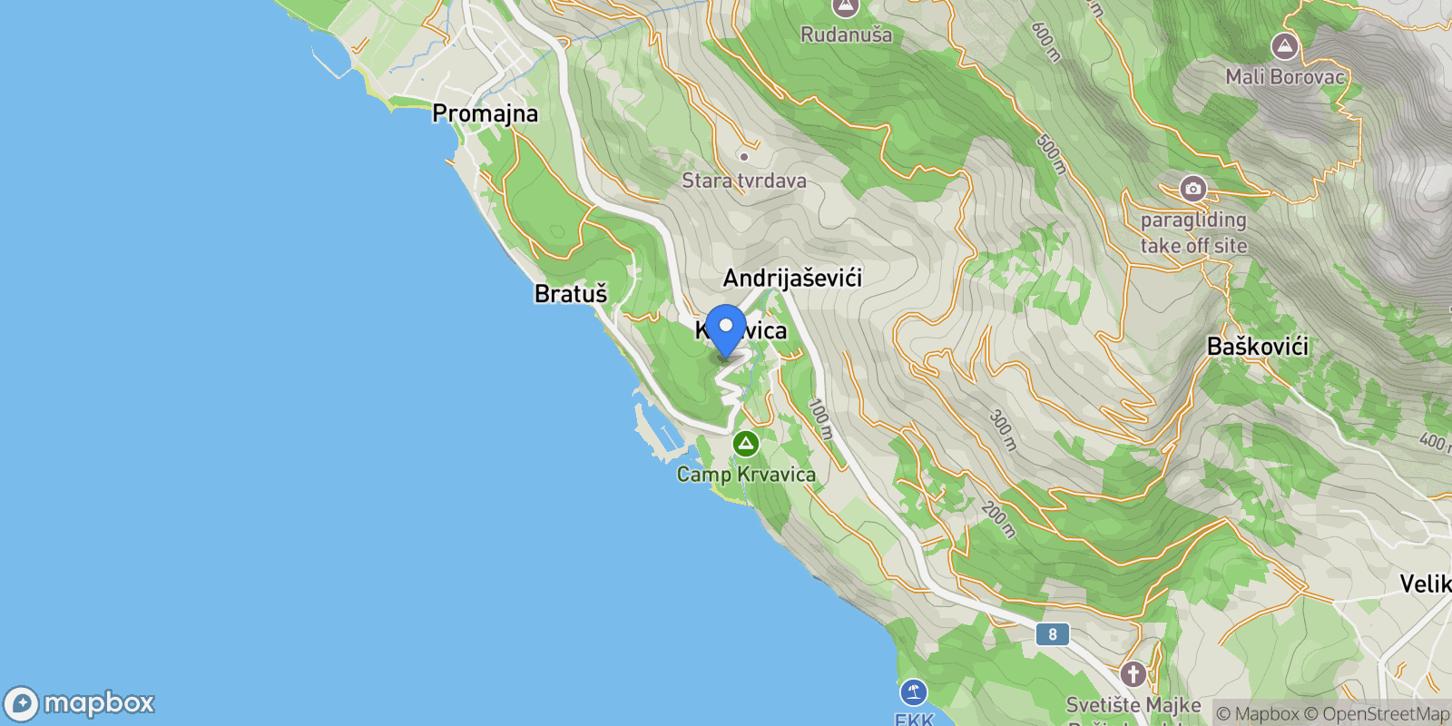 Map showing Krvavica, Split-Dalmatia County, Croatia.
