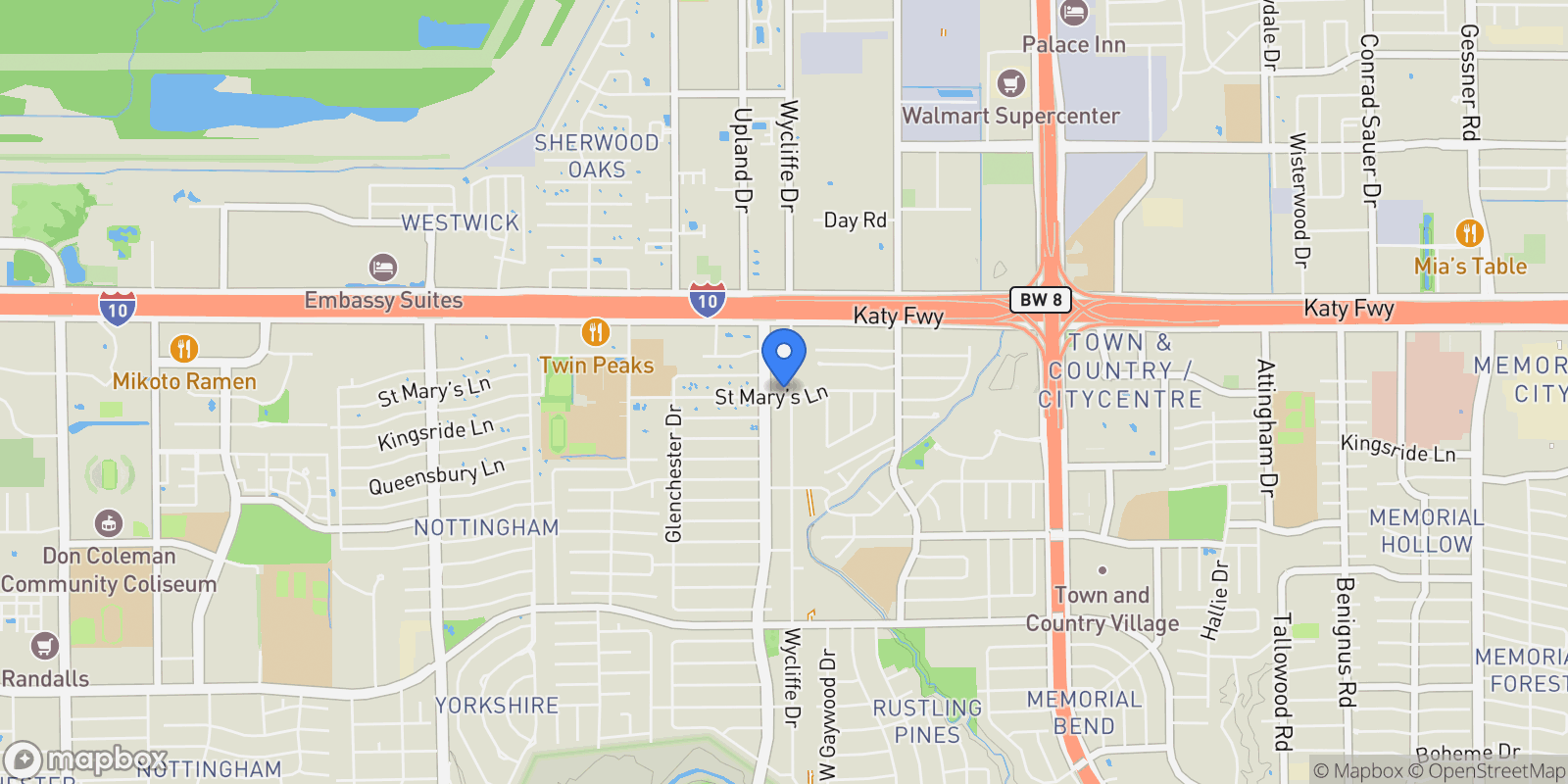 Map showing 903 Wycliffe Drive, Houston, TX 77079, Houston, Texas, United States.