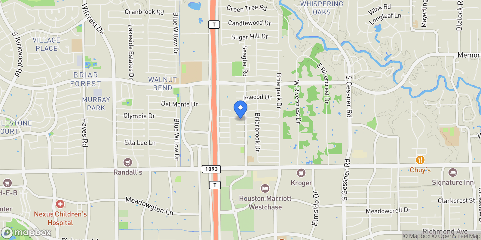 Map showing 10211 Olympia Drive, Houston, TX 77042, Houston, Texas, United States.