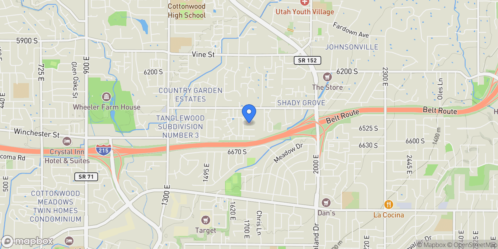 Map showing 1706 East 6485 South, Salt Lake City, UT 84121, Cottonwood Heights, Utah, United States.
