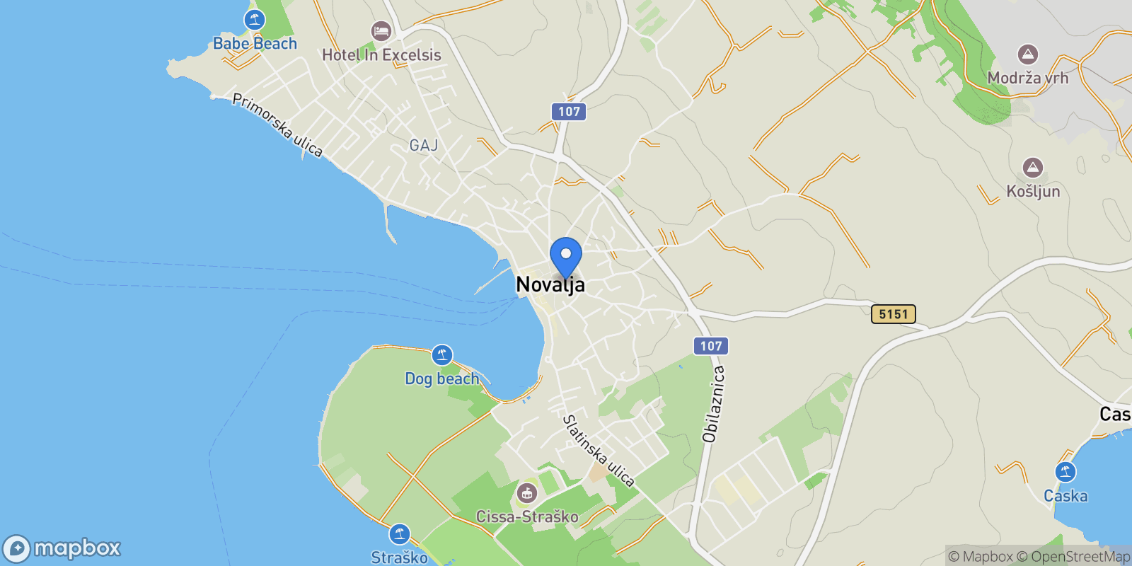 Map showing Novalja, Croatia.
