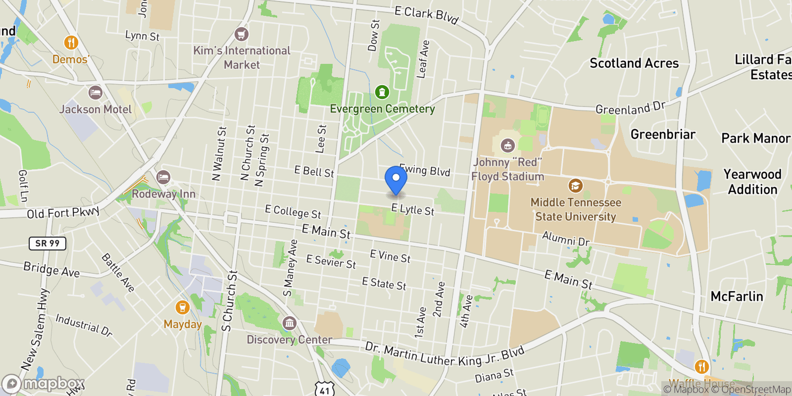 Map showing 730 E Burton St, Murfreesboro, TN 37130, Murfreesboro, Tennessee, United States.
