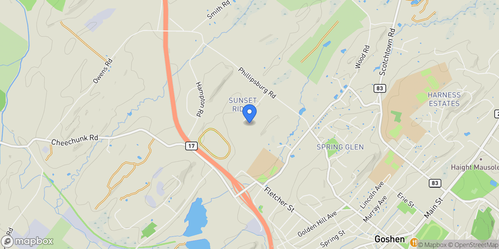 Map showing 13 Sutton Lane, Goshen, NY 10924, Goshen, New York, United States.
