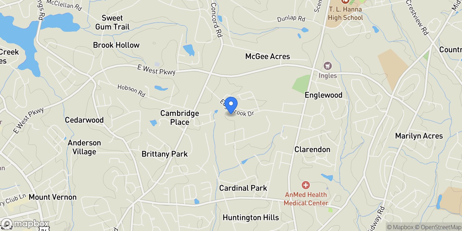 Map showing 305 Edgebrook Drive, Anderson, SC 29621, Anderson, South Carolina, United States.