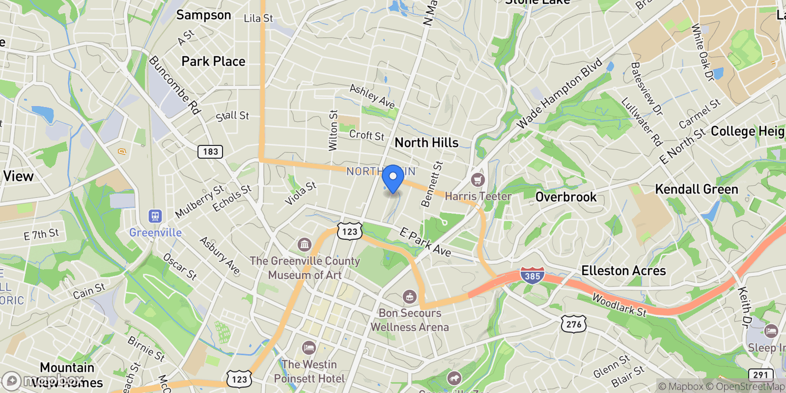 Map showing 30 Rowley Street, Greenville, SC 29601, Greenville, South Carolina, United States.