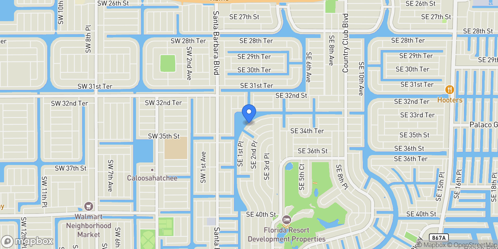 Map showing 313 SE 33rd Terrace, Cape Coral, FL 33904, Cape Coral, Florida, United States.
