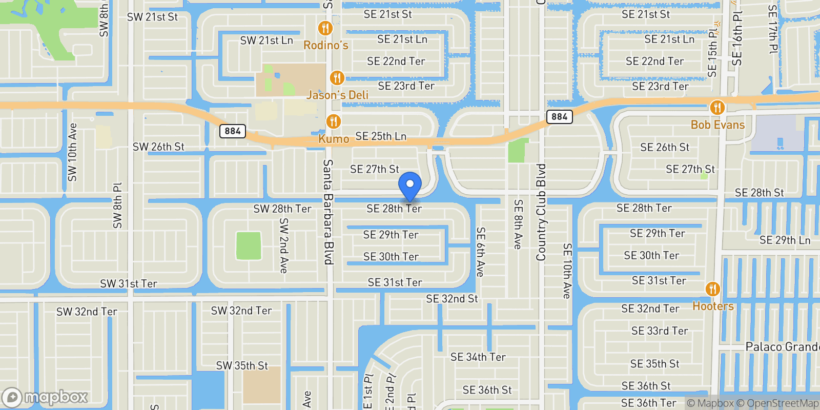 Map showing 309 SE 28th Terrace, Cape Coral, FL 33904, Cape Coral, Florida, United States.