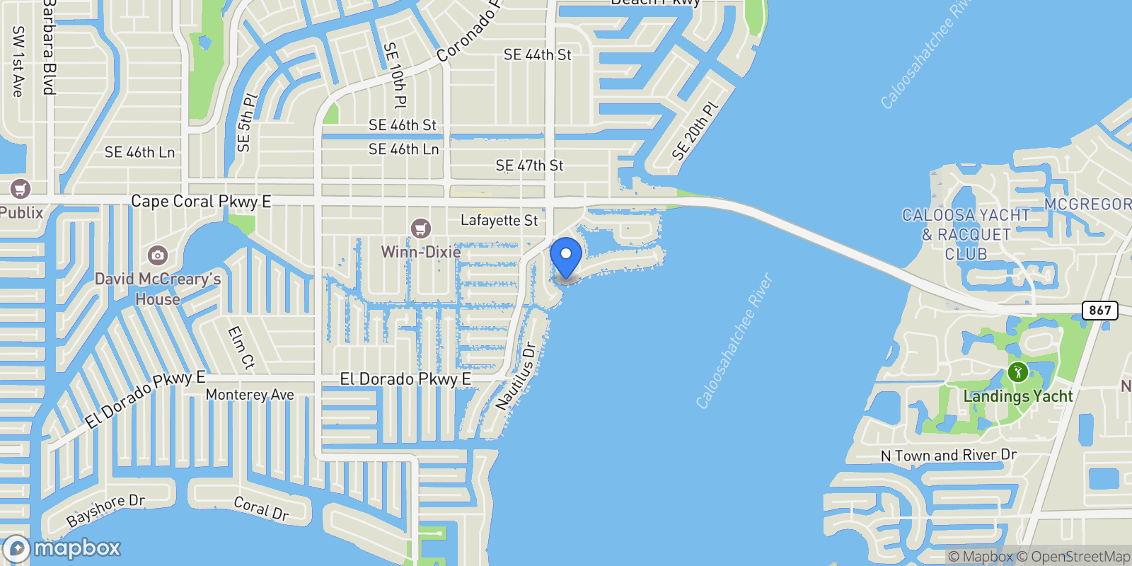 Map showing 1600 Edith Esplanade, Cape Coral, FL 33904, Cape Coral, Florida, United States.