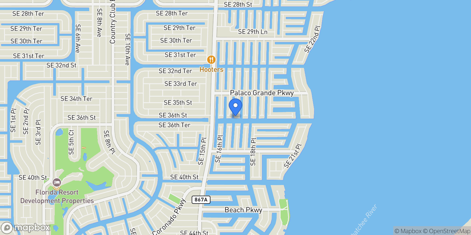 Map showing 3528 SE 17th Place, Cape Coral, FL 33904, Cape Coral, Florida, United States.