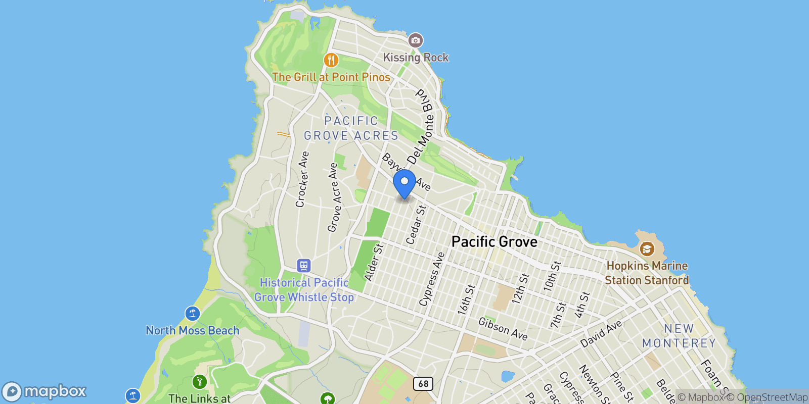 Map showing 215 Chestnut Street, Pacific Grove, CA 93950, Pacific Grove, California, United States.