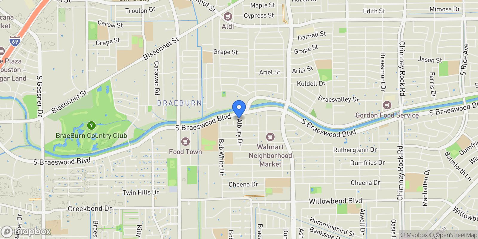 Map showing 9410 Albury Drive, Houston, TX 77096, Houston, Texas, United States.