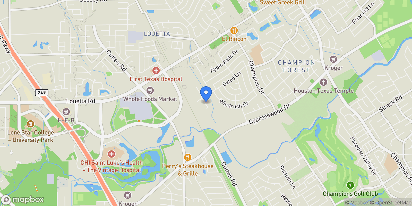 Map showing 16123 Chasemore Drive, Spring, TX 77379, Spring, Texas, United States.