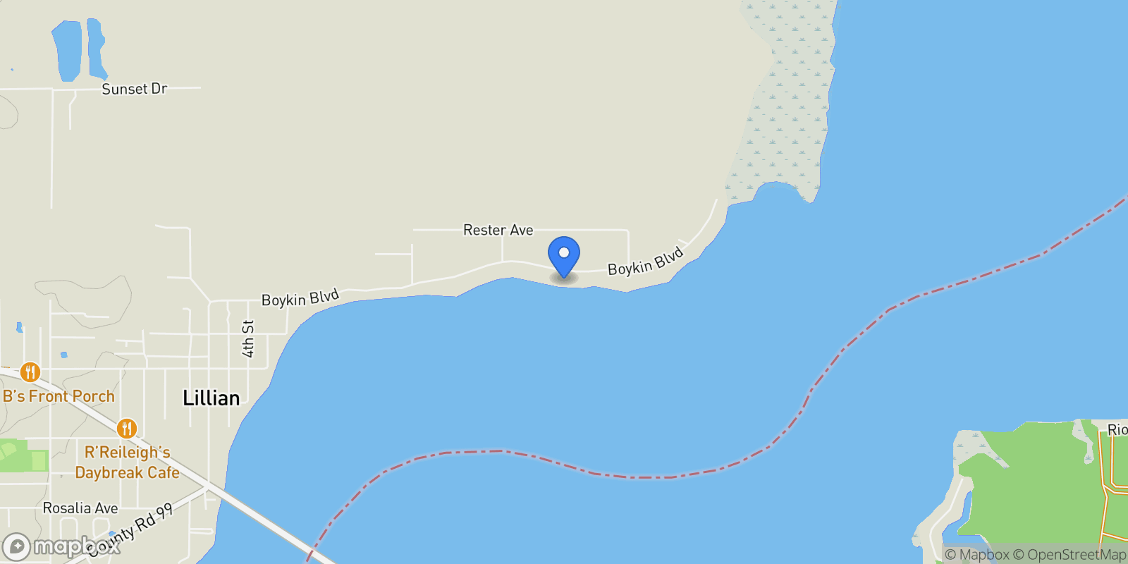 Map showing 35868 Boykin Boulevard, Lillian, AL 36549, Lillian, Alabama, United States.