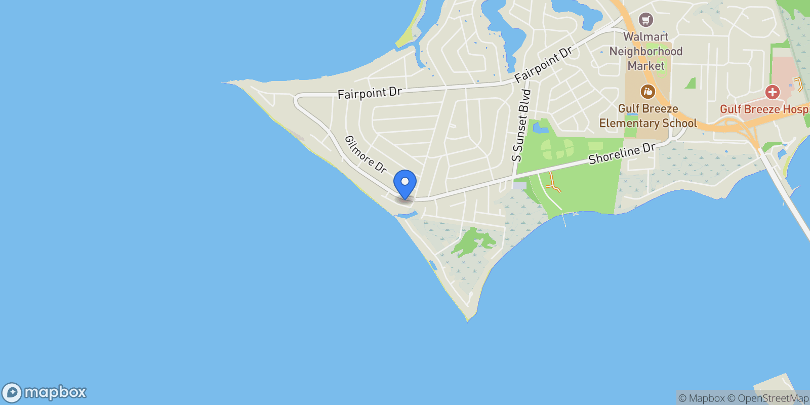Map showing 131 Shoreline Dr, Gulf Breeze, FL 32561, Gulf Breeze, Florida, United States.