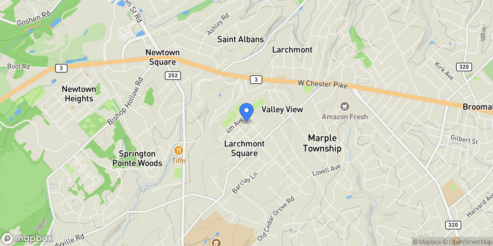 Map showing 204 3RD AVE, NEWTOWN SQUARE, PA 19073, Newtown Square, Pennsylvania, United States.