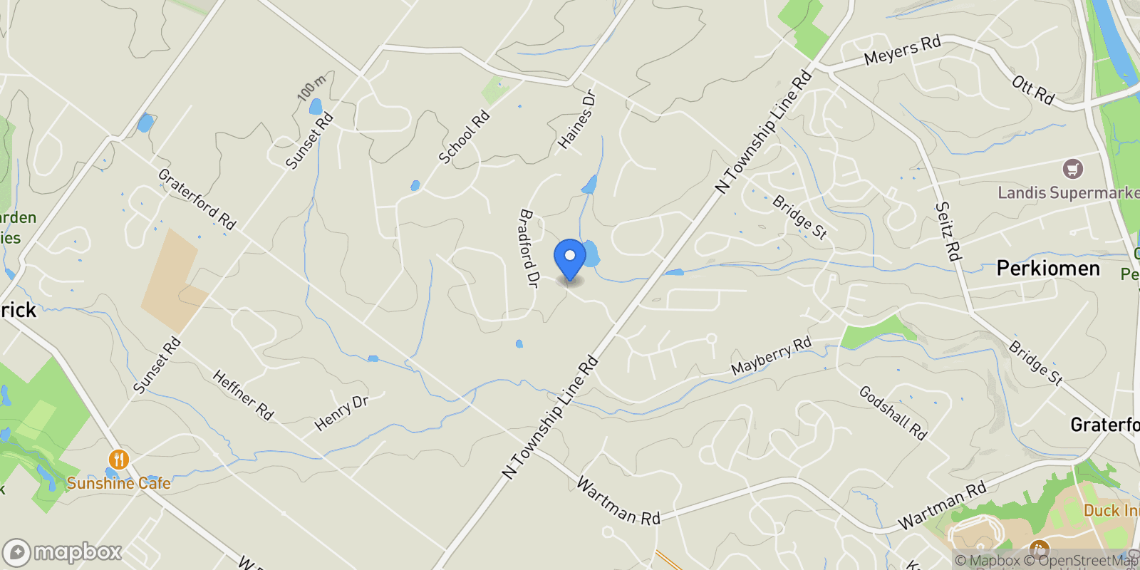 Map showing 45 TANGLEWOOD DR DRIVE, SCHWENKSVILLE, PA 19473, Schwenksville, Pennsylvania, United States.