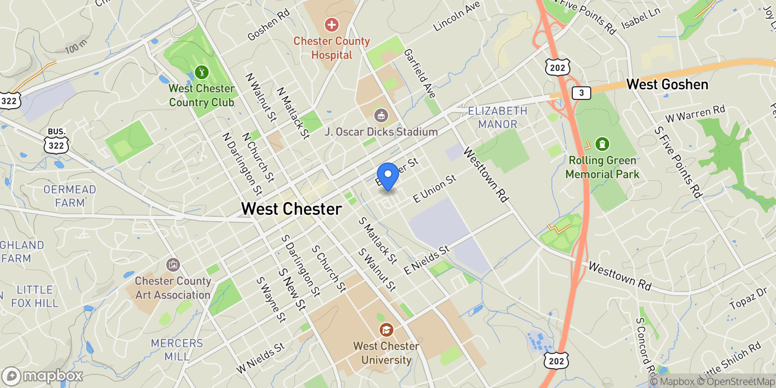 Map showing 342 E BARNARD ST STREET, WEST CHESTER, PA 19382, West Chester, Pennsylvania, United States.