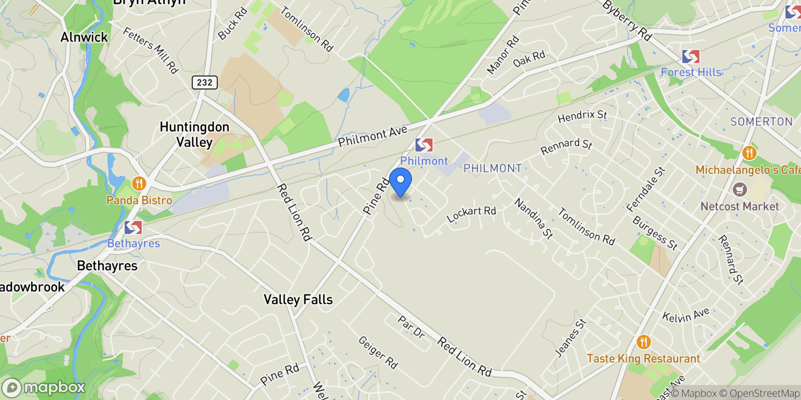 Map showing 74 SUNFLOWER WAY WAY, HUNTINGDON VALLEY, PA 19006, Bryn Athyn, Pennsylvania, United States.