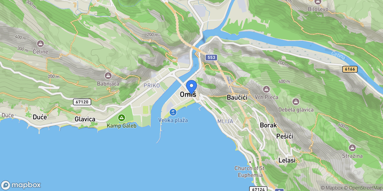 Map showing Omiš, 17 21310, Omis, Split-Dalmatia County, Croatia.