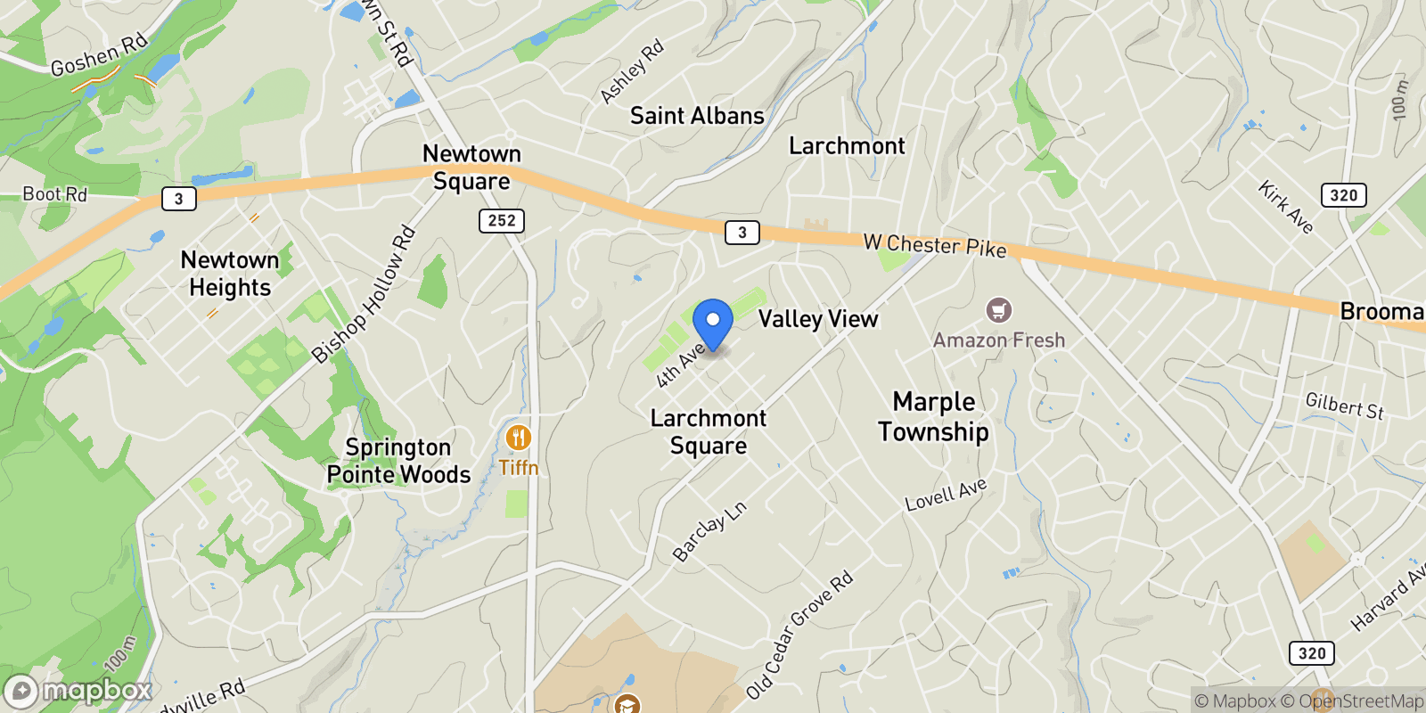 Map showing 204 3RD AVE AVENUE, NEWTOWN SQUARE, PA 19073, Newtown Square, Pennsylvania, United States.