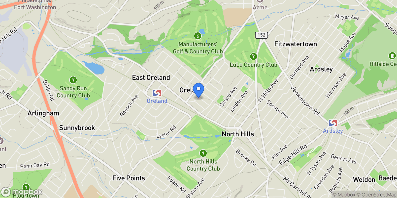 Map showing 122 GARDEN RD ROAD, ORELAND, PA 19075, Oreland, Pennsylvania, United States.