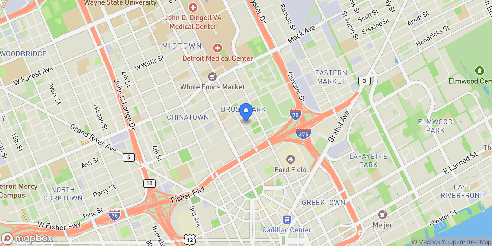 Map showing 220 ALFRED Street, Detroit, MI 48201, Detroit, Michigan, United States.