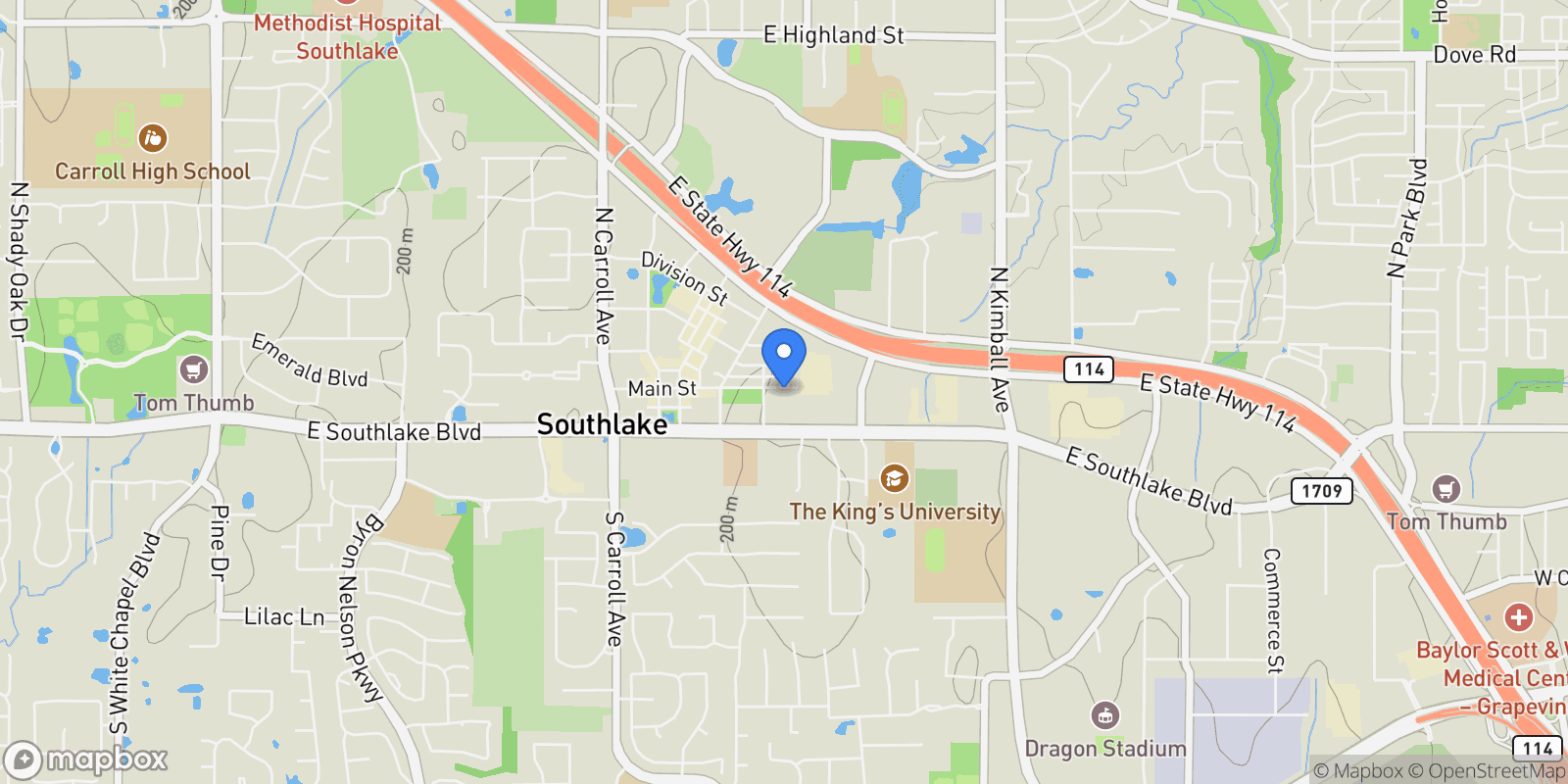 Map showing 1577 Main Street, Grapevine, Texas, United States.