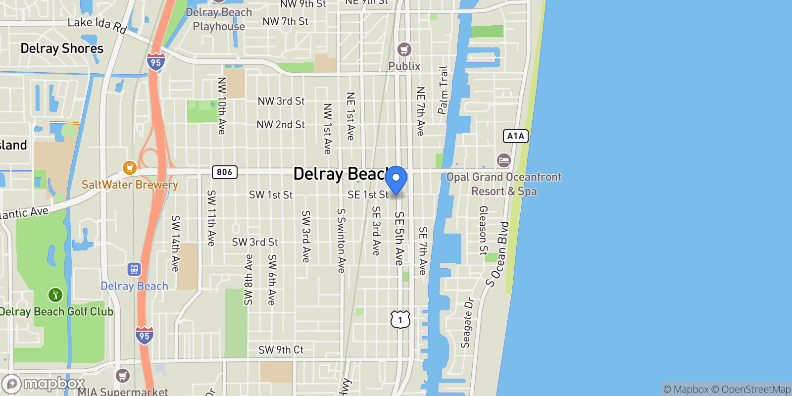 Map showing 102 SE 5th Avenue, Delray Beach, Florida, United States.