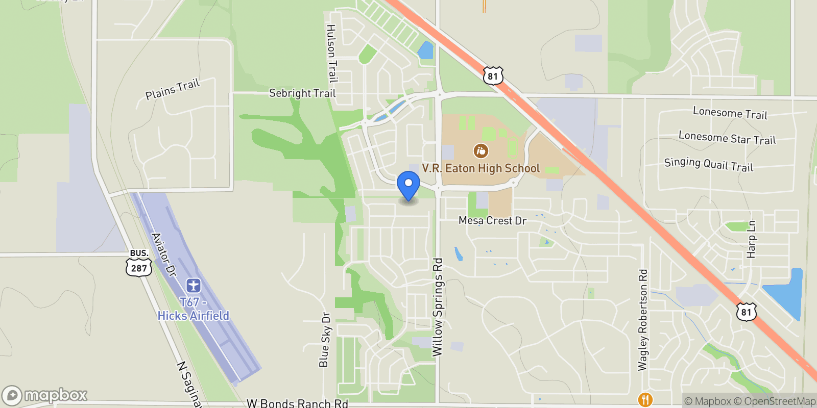 Map showing 11621 Willow Springs Road, Fort Worth, Texas, United States.
