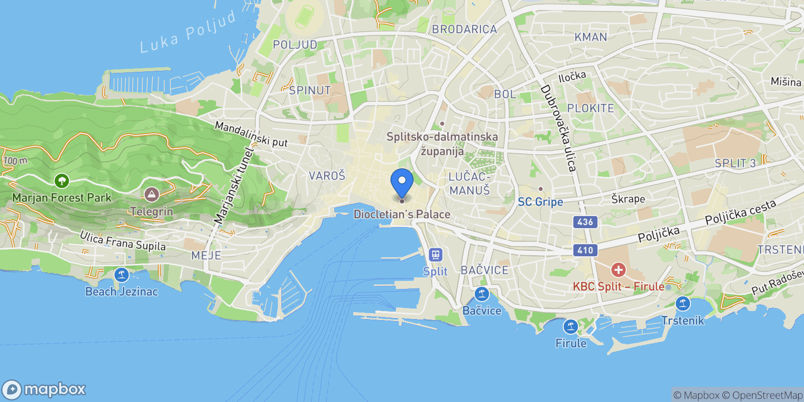 Map showing 21000, Split, Croatia, Gradski kotar Grad, Split, Split-Dalmatia County.