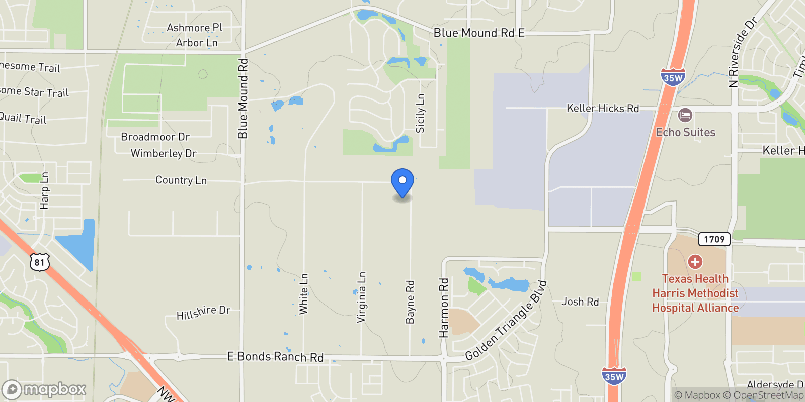 Map showing 222 Bayne Road, Haslet, Texas, United States.