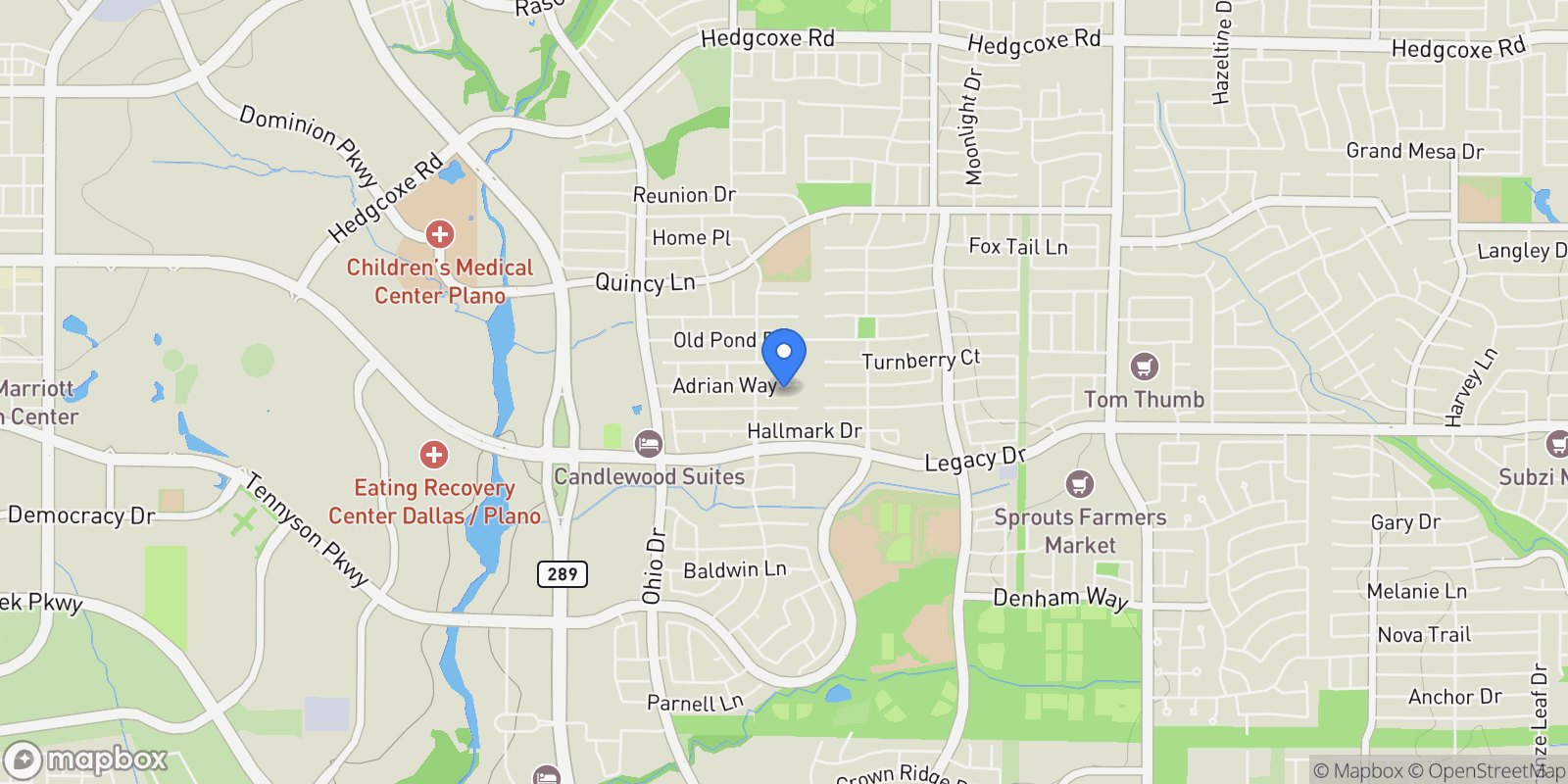 Map showing 4596 Adrian Way, Plano, Texas, United States.